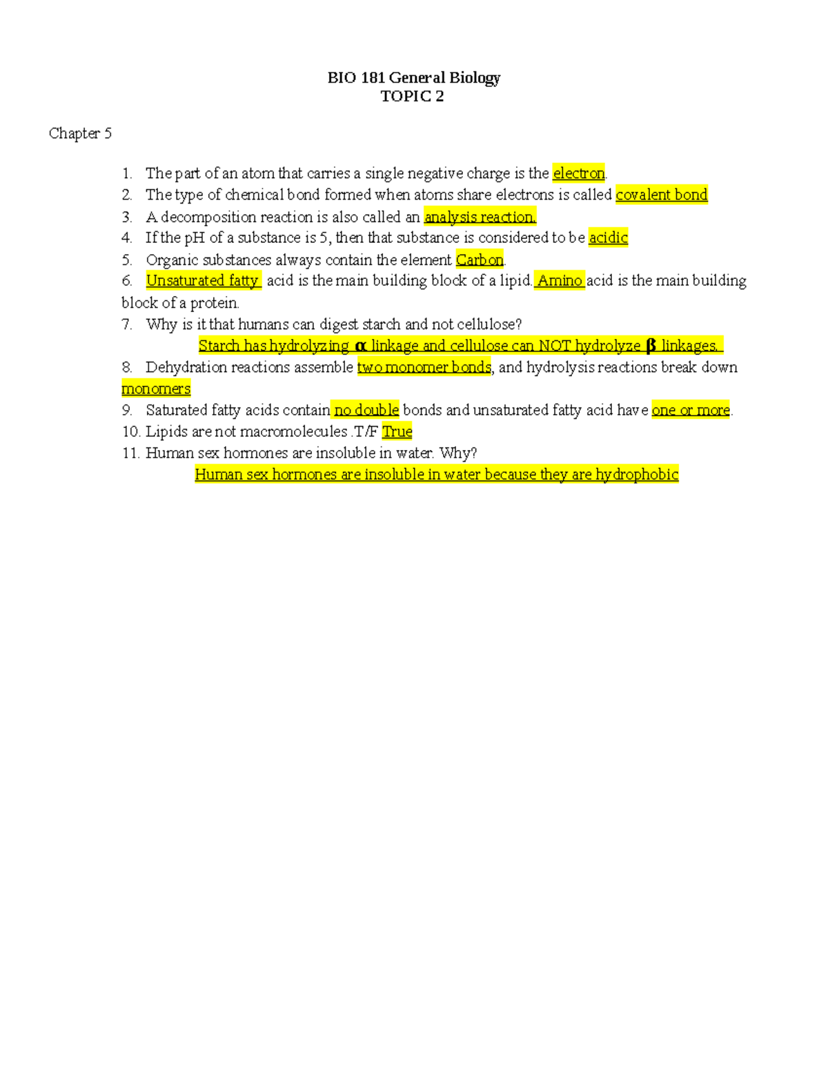 BIO181 Week 3 Homework Packet - BIO 181 General Biology TOPIC 2 Chapter ...