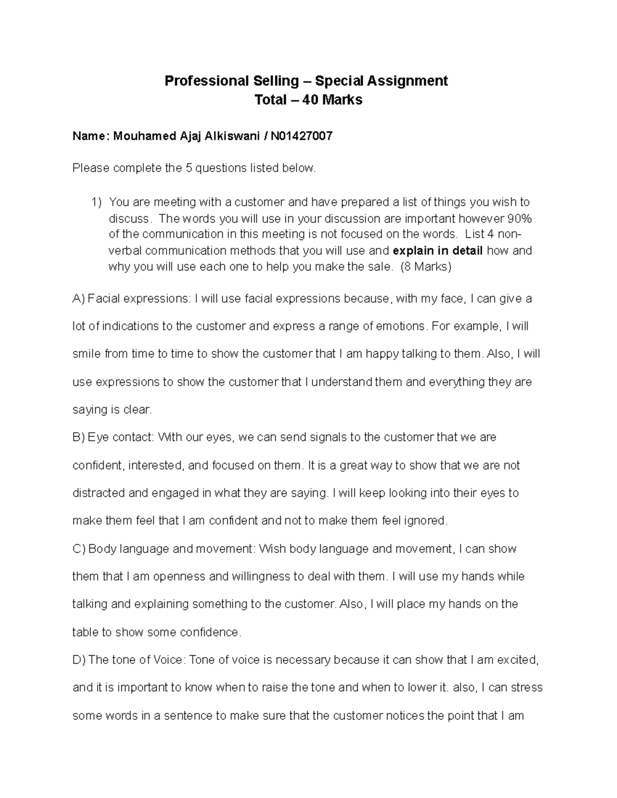 Special Assignment for Students - Professional Selling – Special ...