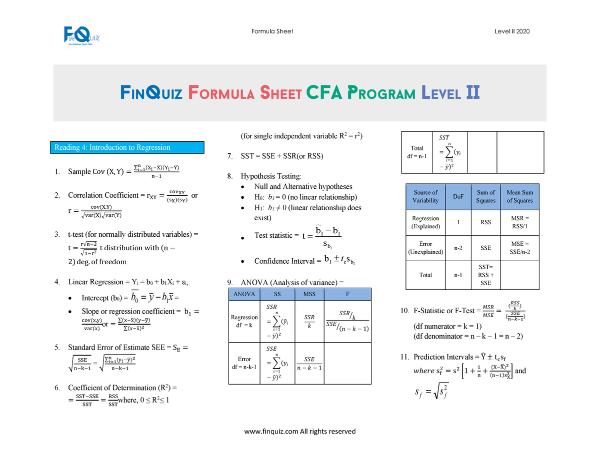 Formula Sheet Cfa Level Ii Warning Tt Undefined Function 32 Finquiz Formula Studocu