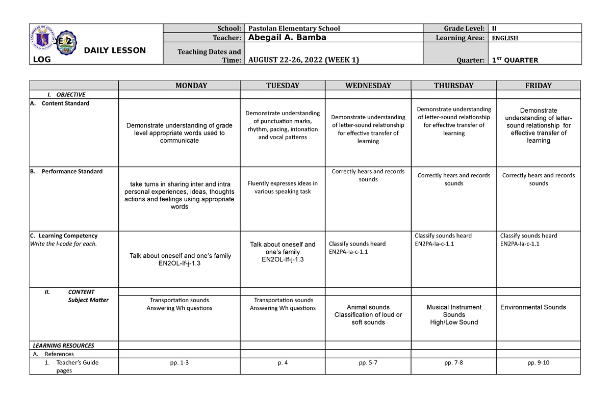 DLL English 2 Q1 W1 - DLL - GRADE 2 DAILY LESSON LOG School: Pastolan ...