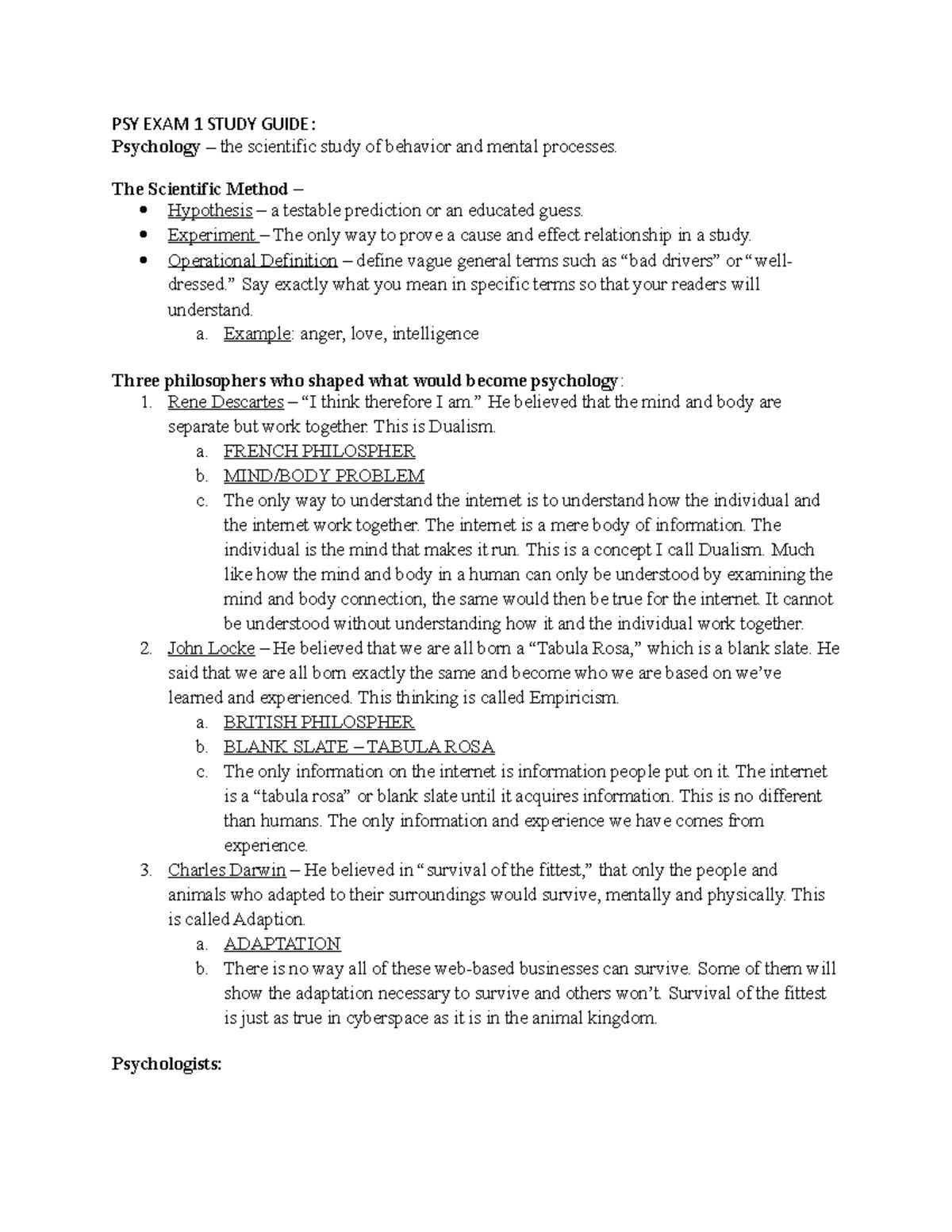 PSY EXAM 1 Study Guide - PSY EXAM 1 STUDY GUIDE: Psychology – the ...