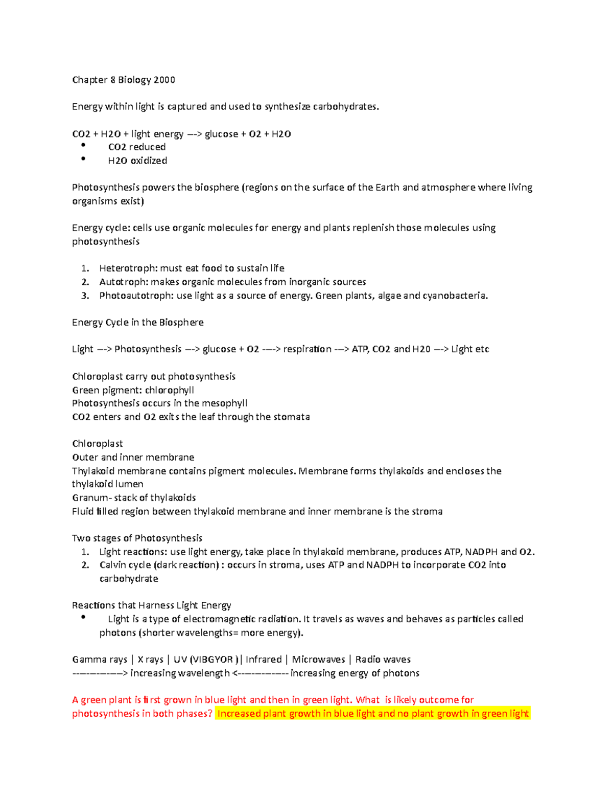 Chapter 8 Biology 2000 - Lecture notes - Chapter 8 Biology 2000 Energy ...