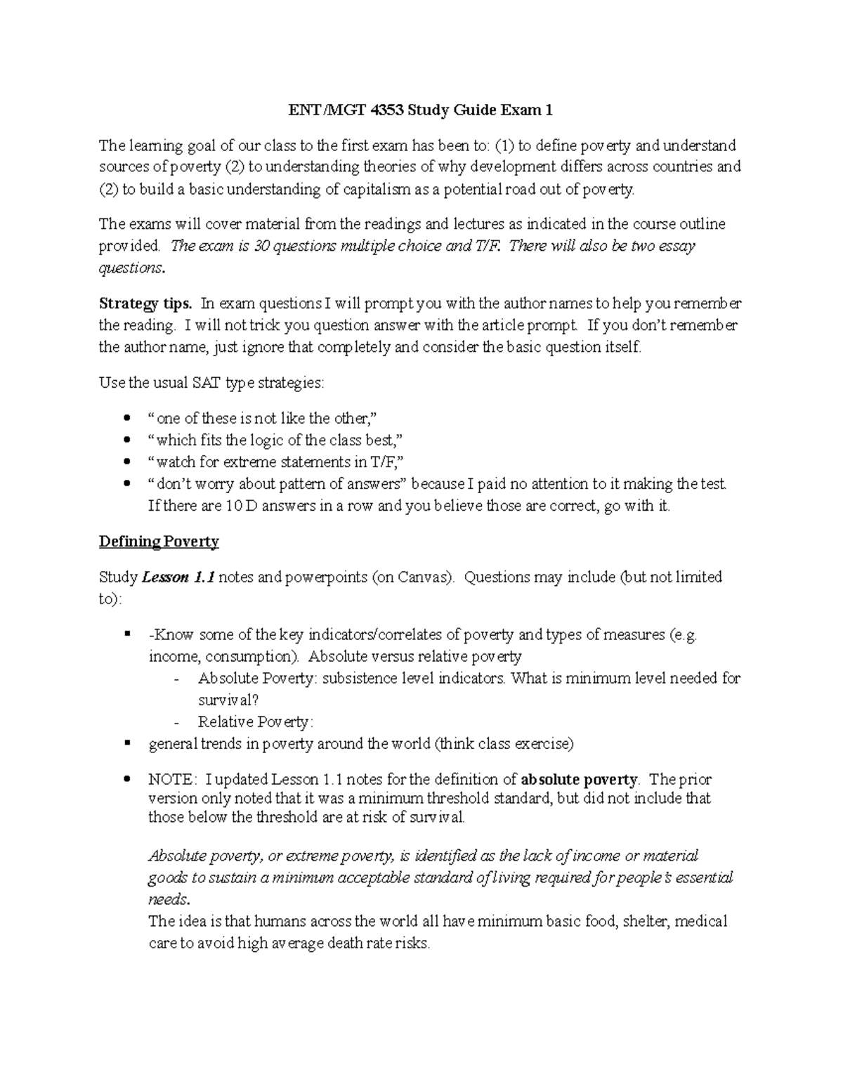 Study Guide Exam1 S2023 - ENT/MGT 4353 Study Guide Exam 1 The Learning ...