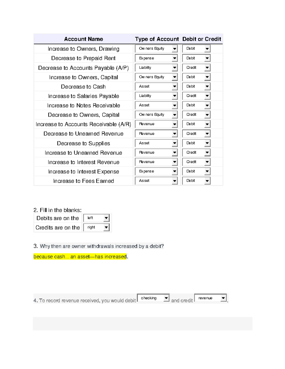 Lumen Credit Debit Quiz Account Name Type of Account Debit or Credit