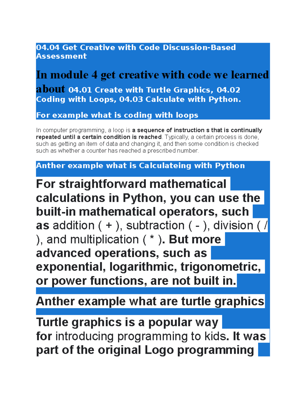 04.04 Get Creative with Code DiscussionBased Assessment Coding with