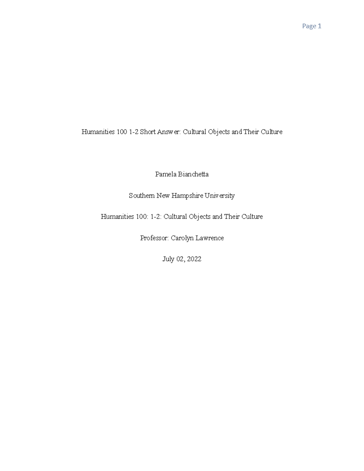 Humanities 1-2 Short Answer - Humanities 100 1-2 Short Answer: Cultural ...