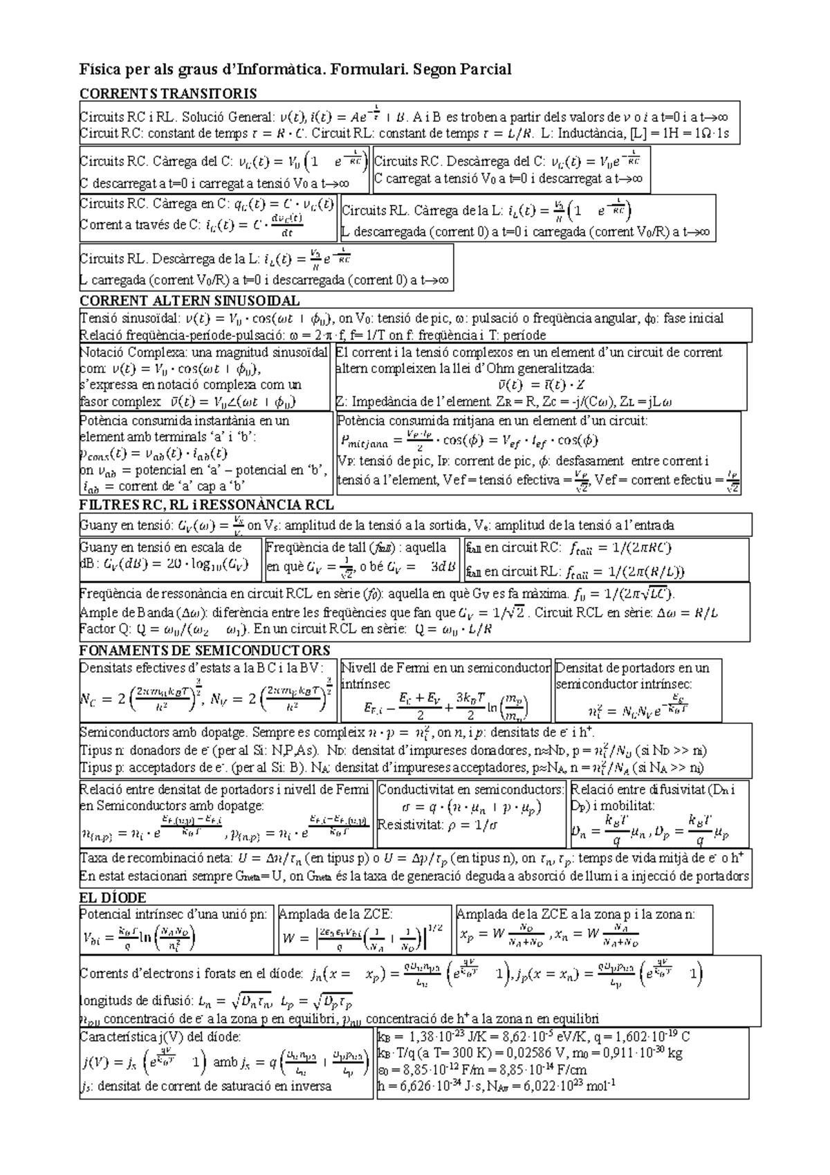 Formulari 2P - Formulas - Warning: TT: undefined function: 32 Física ...