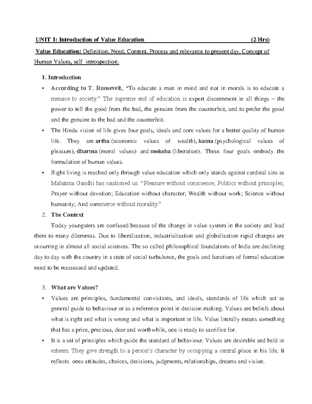 Content for Value Education - UNIT 1: Introduction of Value Education