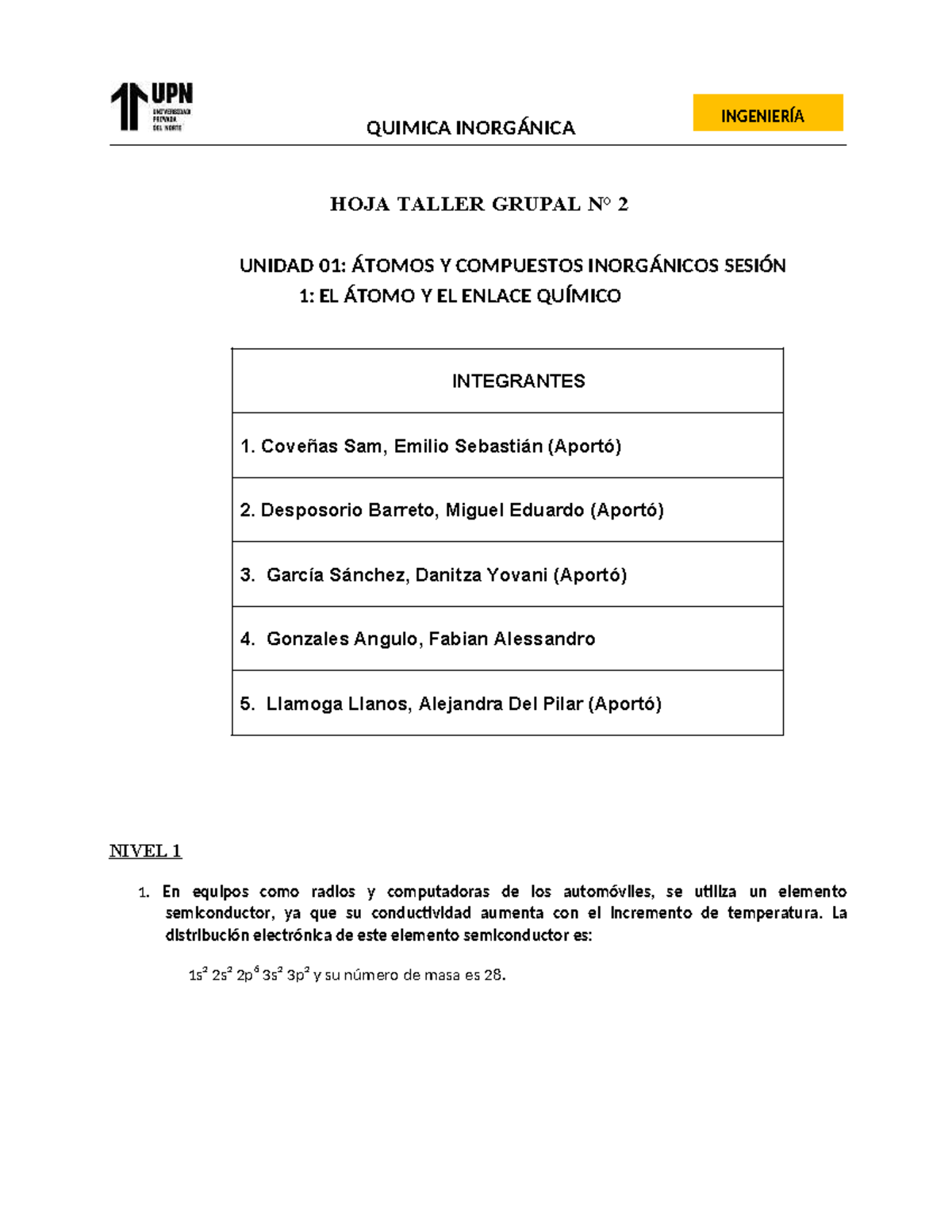 (S2 tarea) Hoja Taller Grupal N°2 25-83 Átomo y enlace químico - HOJA ...
