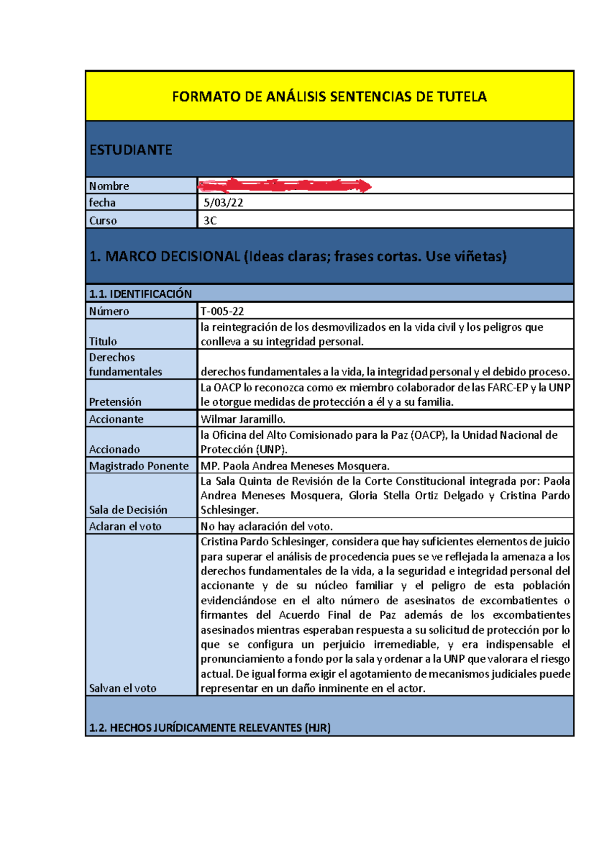 T-005-22 formato - sentencia corte constitucional - FORMATO DE ANÁLISIS