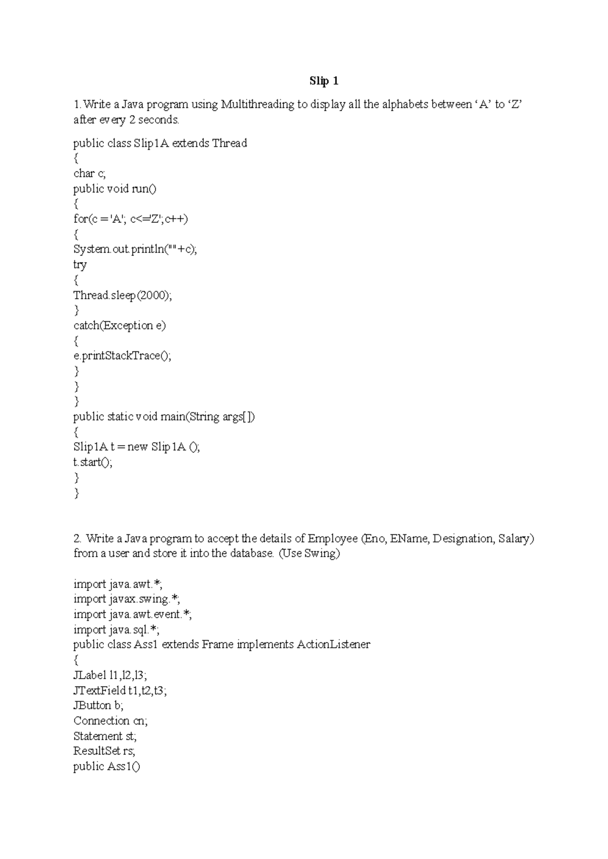 Java New Slip Solved Slip 1 1 A Java Program Using Multithreading To Display All The Alphabets 0990