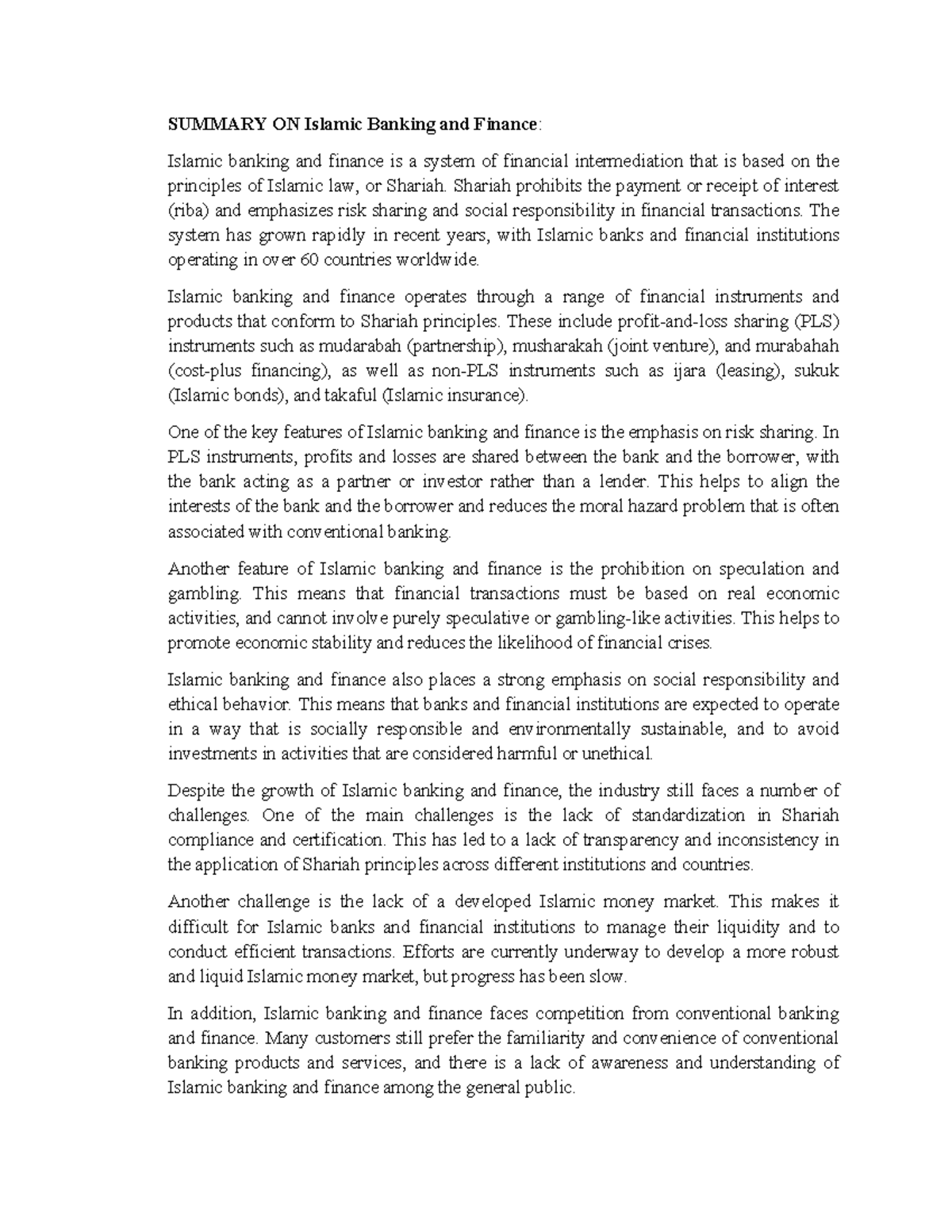 Summary On Islamic Banking And Finance SUMMARY ON Islamic Banking And