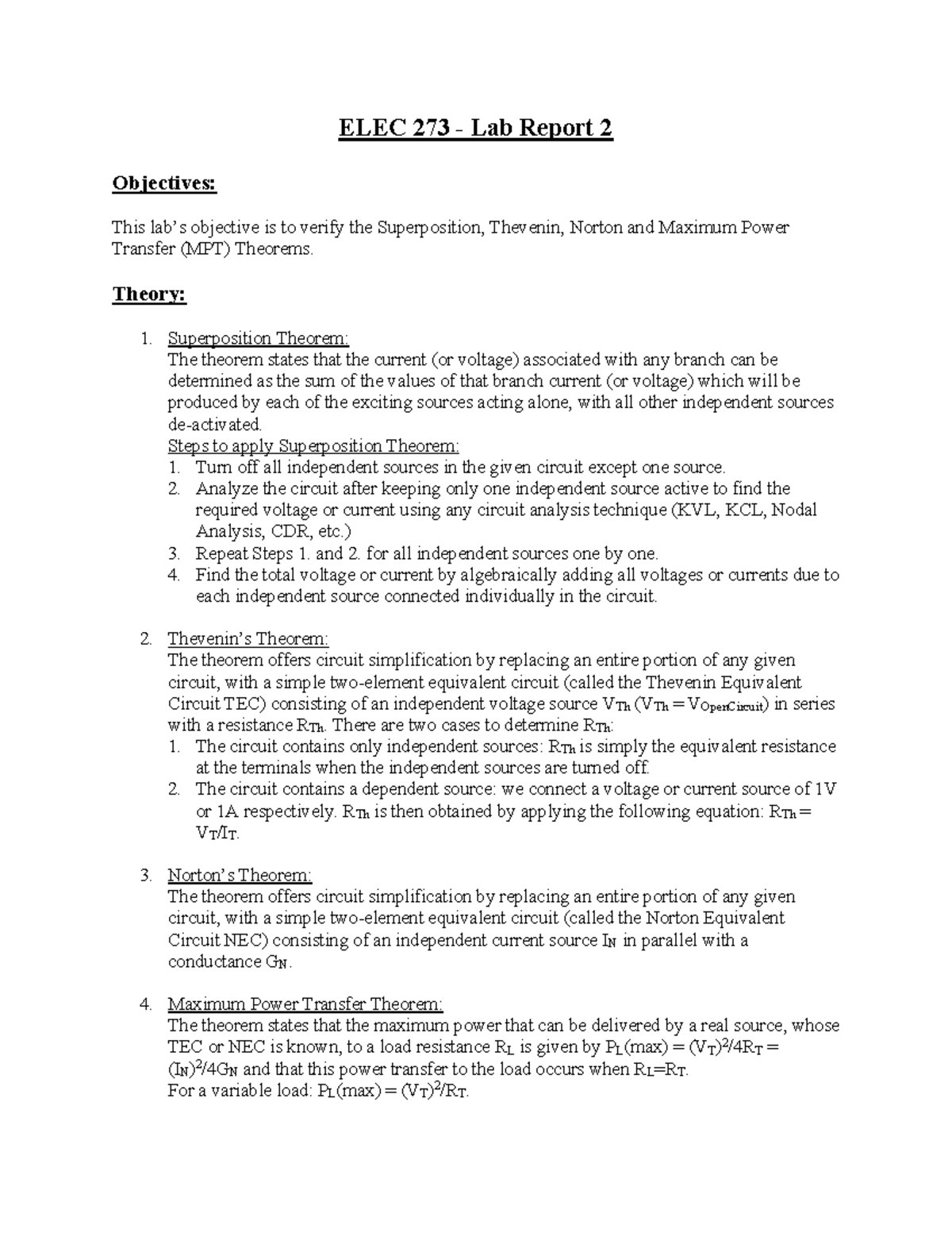 Experiment 2 Lab Report ELEC 273 Lab Report 2 Objectives This