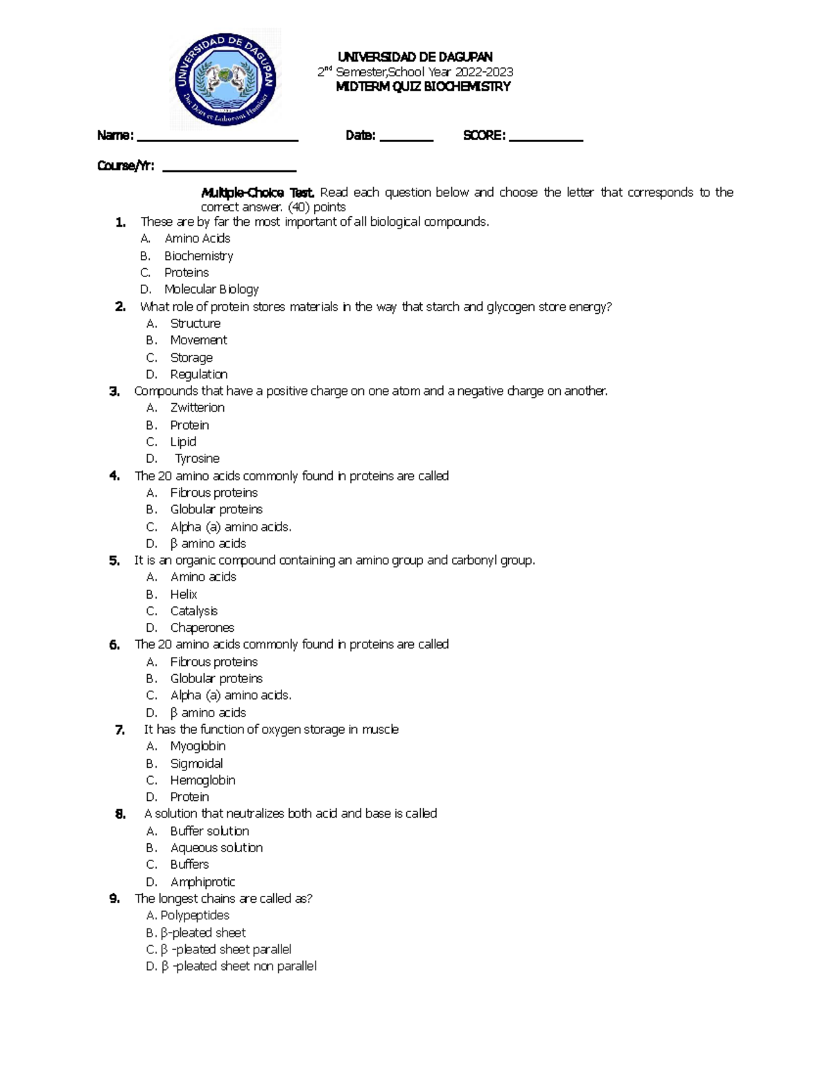 Midterm QUIZ IN Biochemistry - UNIVERSIDAD DE DAGUPAN 2 Nd Semester ...