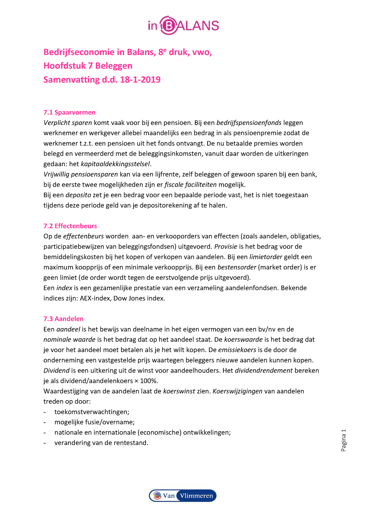 B-E In Balans, 8e Druk, Vwo, 7 Beleggen - Samenvatting - Pagina 1 ...