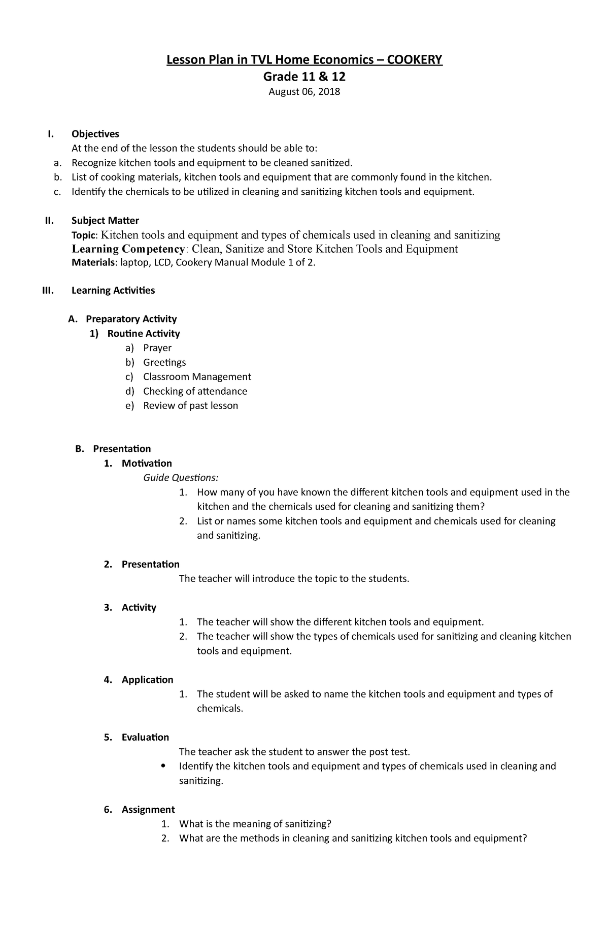 August 6 - DLP - Lesson Plan in TVL Home Economics – COOKERY Grade 11 ...