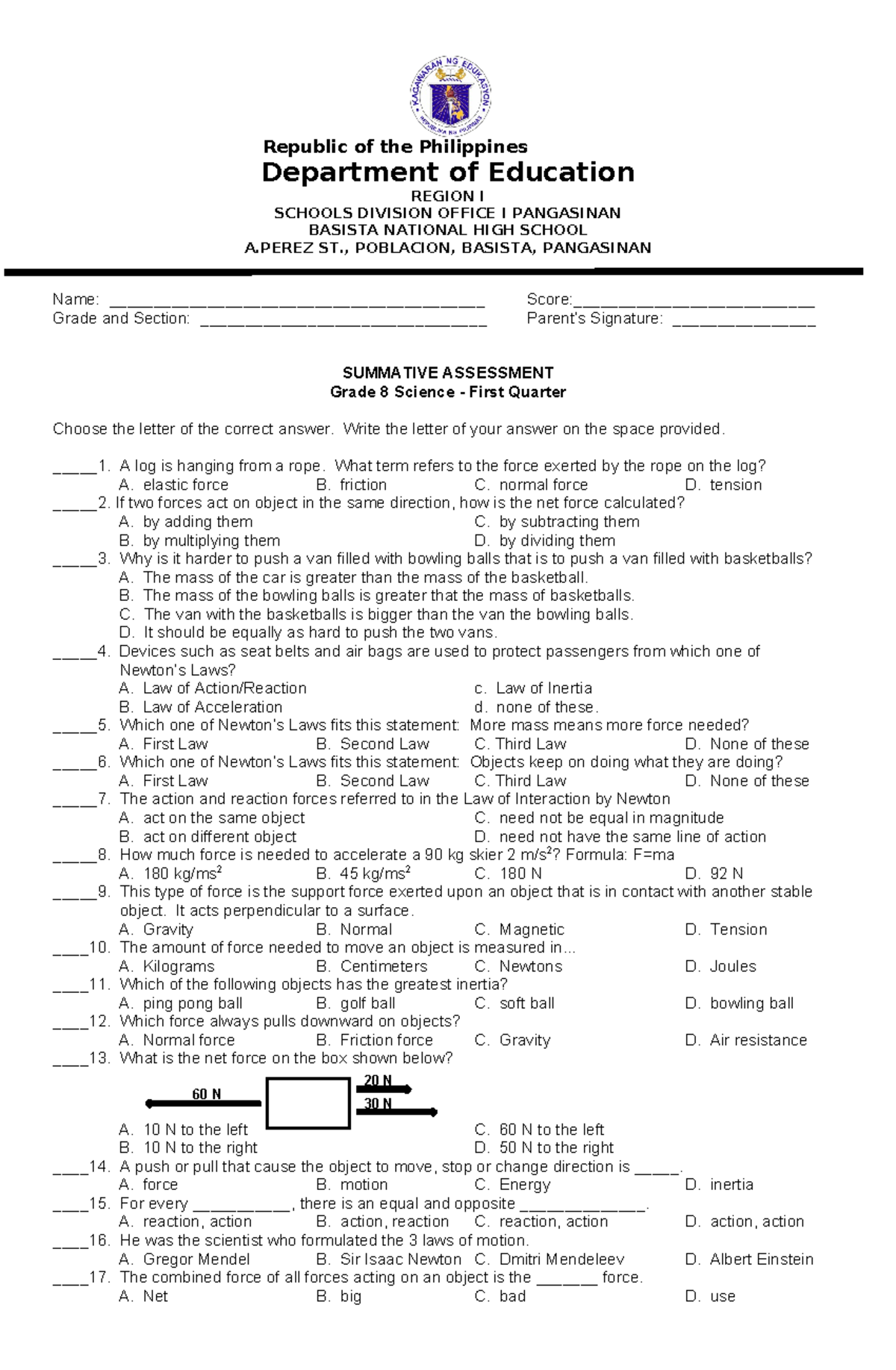 529879561 Science 8 Quarter I Summative Test Republic of the