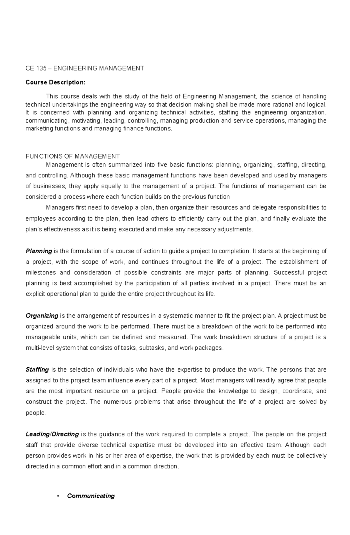 Engineering Management 3 - It is concerned with planning and organizing ...