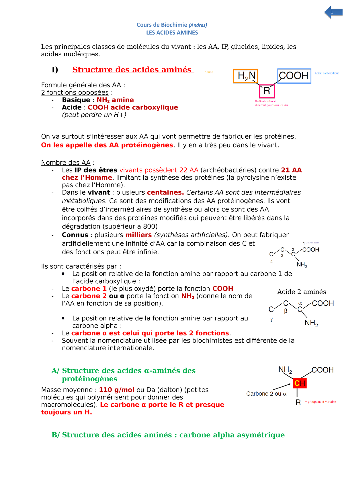 Acides Amin S Cours De Biochimie Andres Les Acides Amines Les Principales Classes De