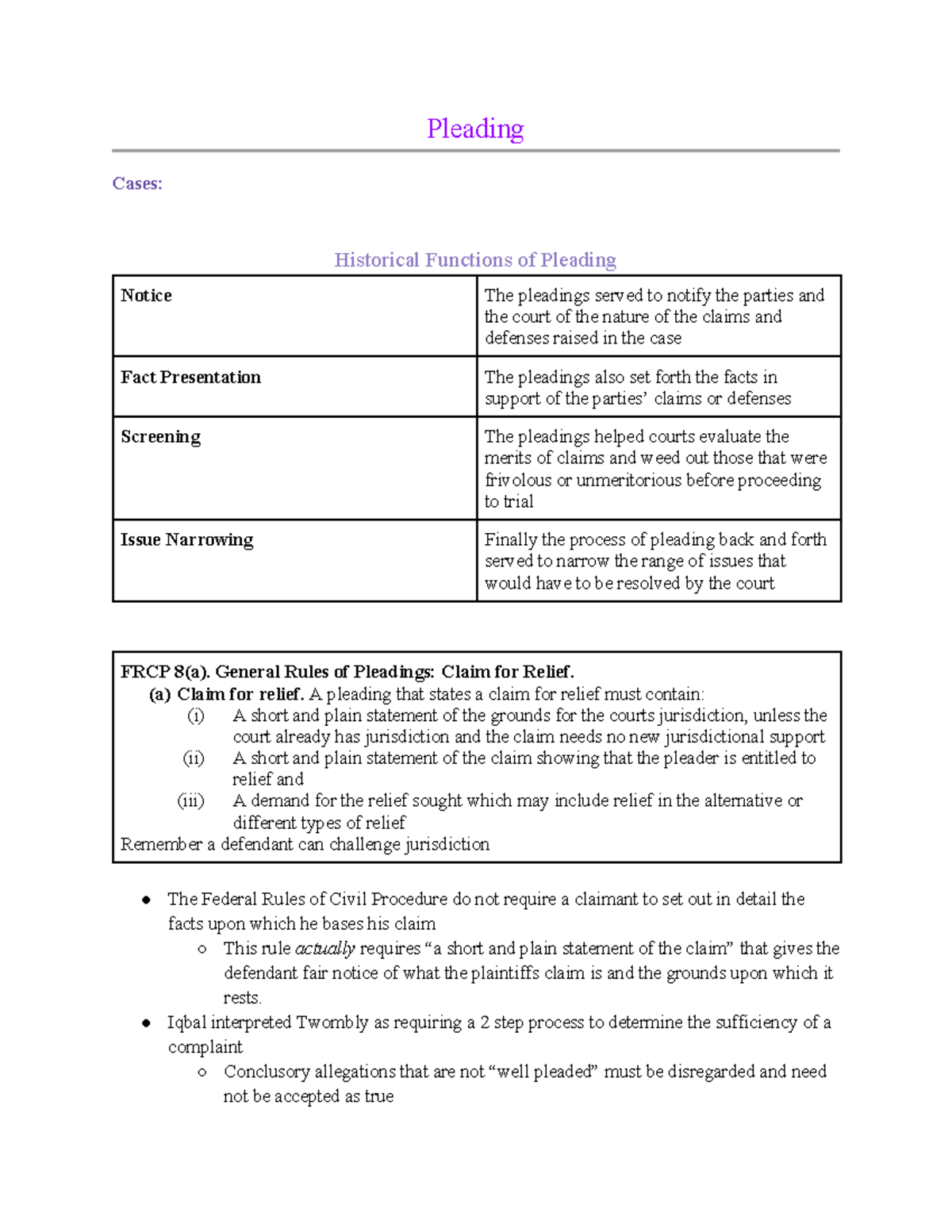 Pleading - Lecture Notes - Pleading Cases: Historical Functions of ...