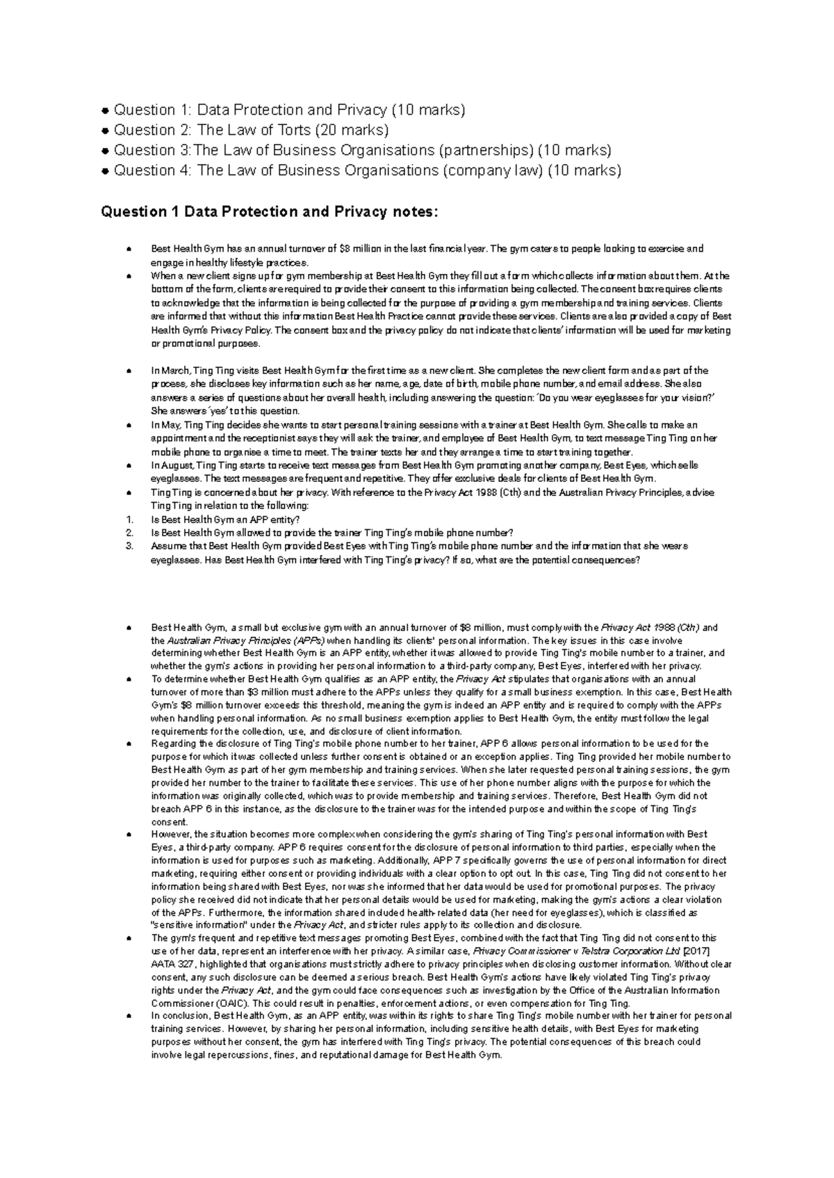 Final Exams Notes - Question 1: Data Protection and Privacy (10 marks ...