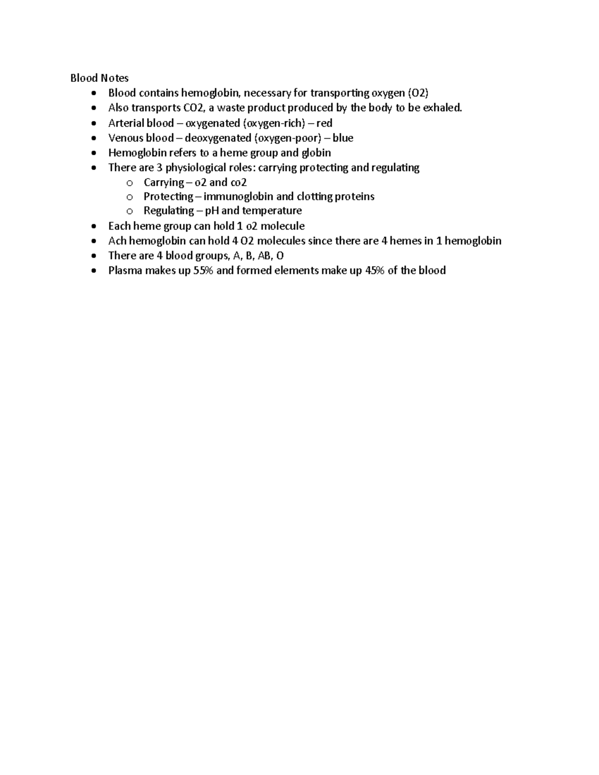 Blood Review - Blood Notes - Blood contains hemoglobin, necessary for ...