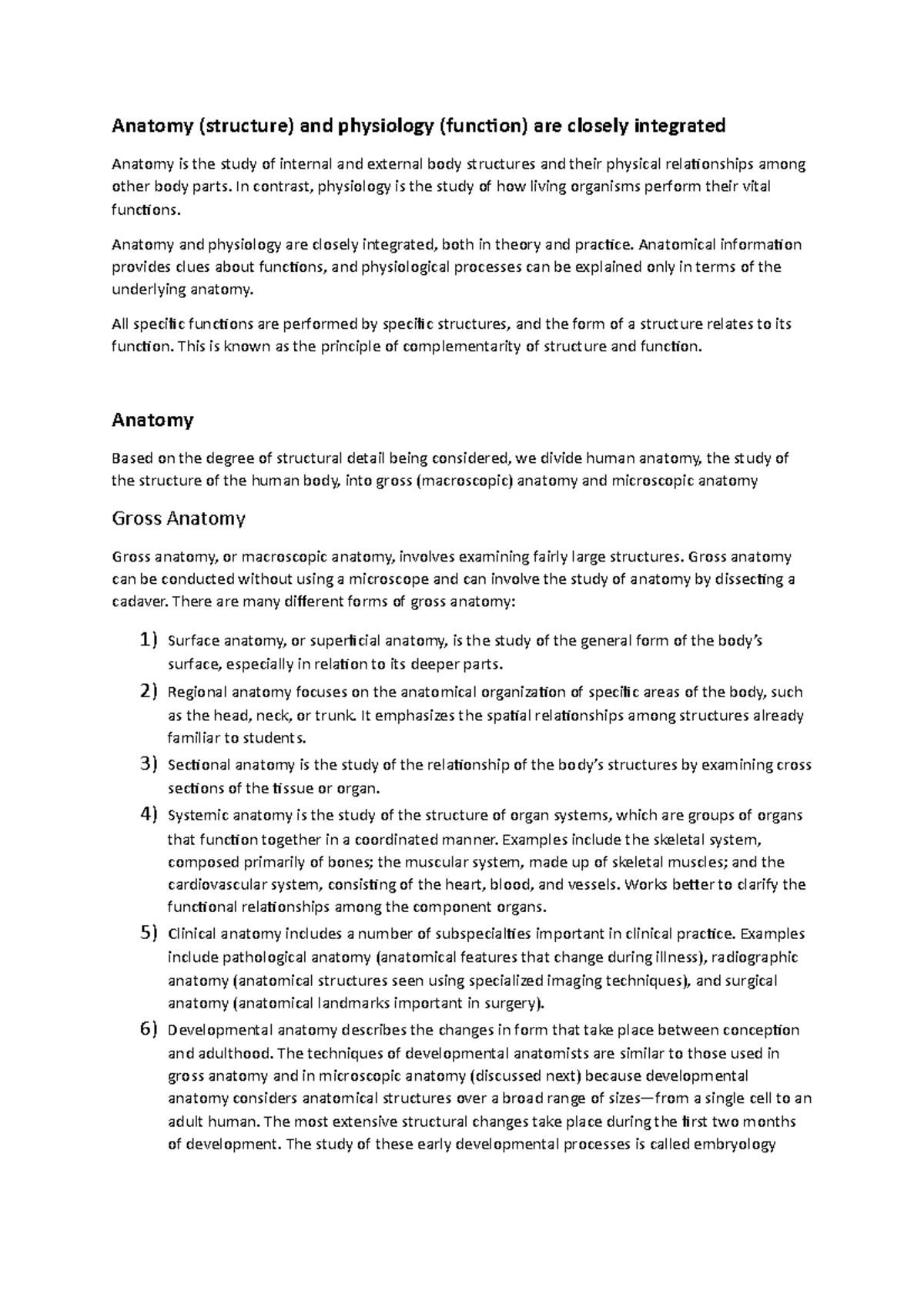 Intro to A&P - Lecture notes 1 - Anatomy (structure) and physiology ...