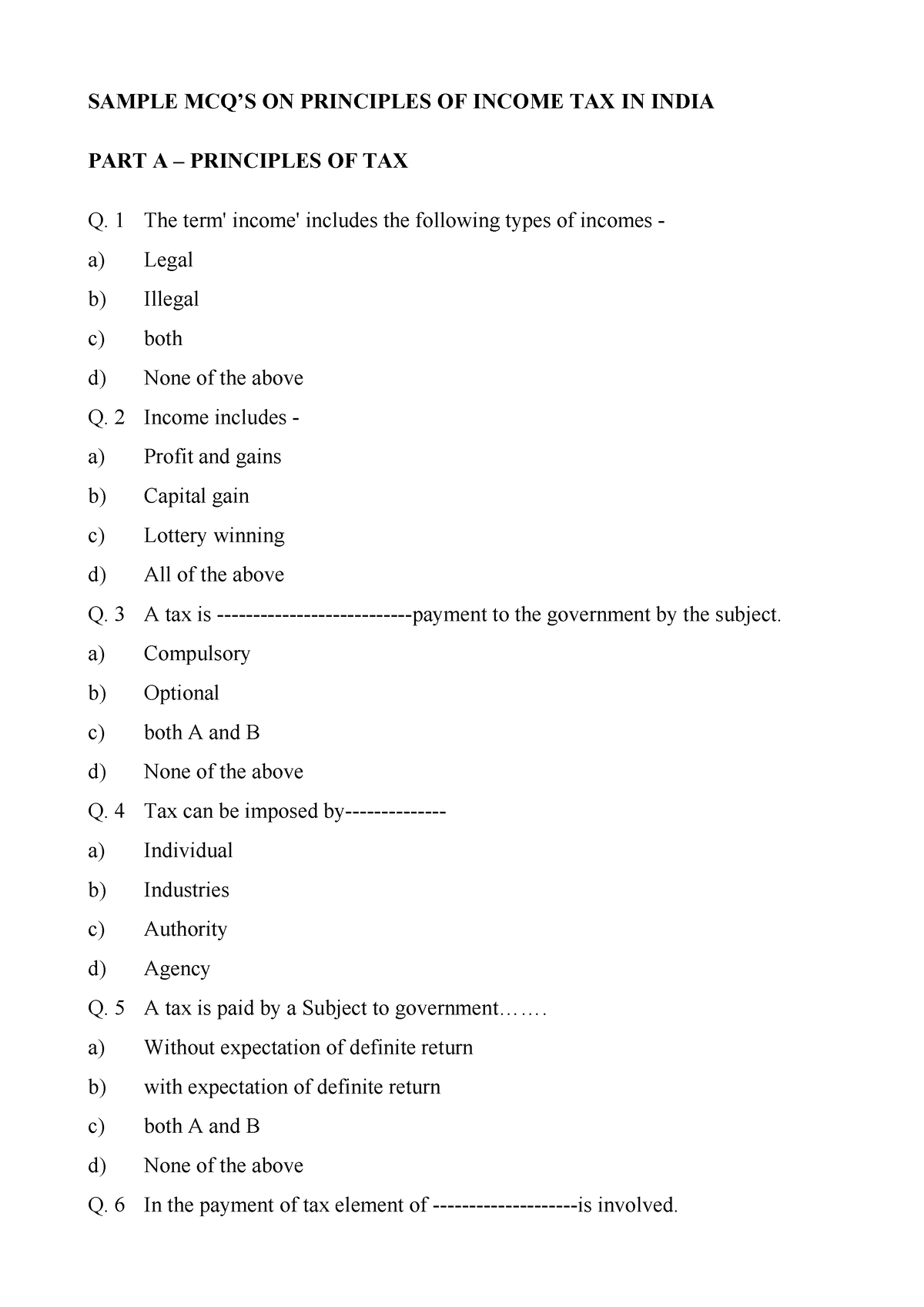 MCQ Principal Of Income Tax - SAMPLE MCQ’S ON PRINCIPLES OF INCOME TAX ...