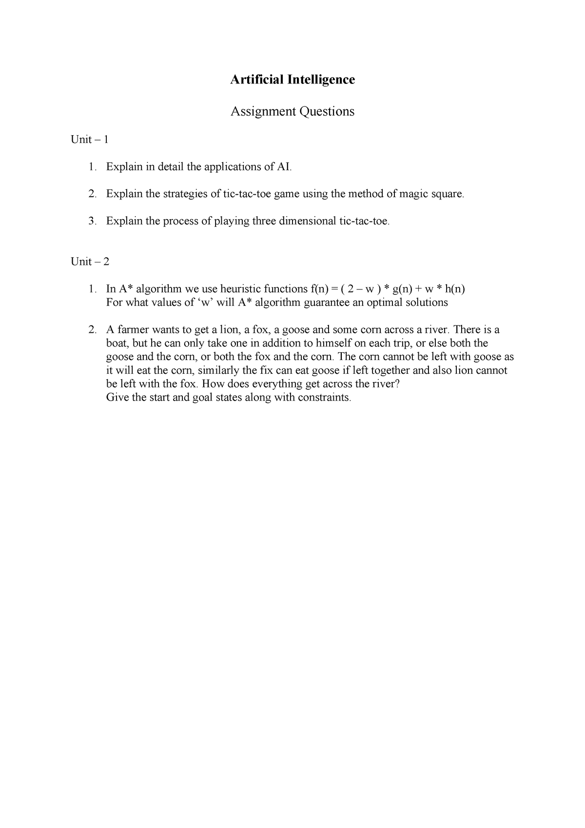 assignment questions on artificial intelligence