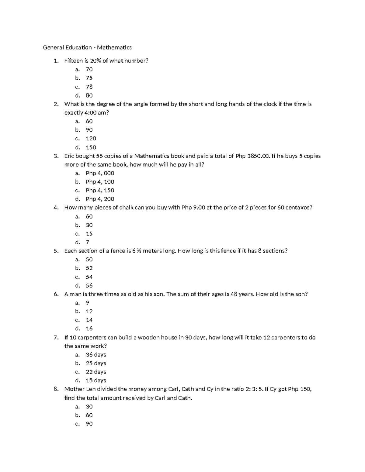Gen Ed Math with answer key - General Education - Mathematics 1 ...