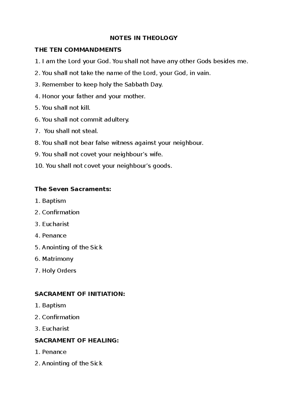 Notes in Theology - NOTES IN THEOLOGY THE TEN COMMANDMENTS I am the ...
