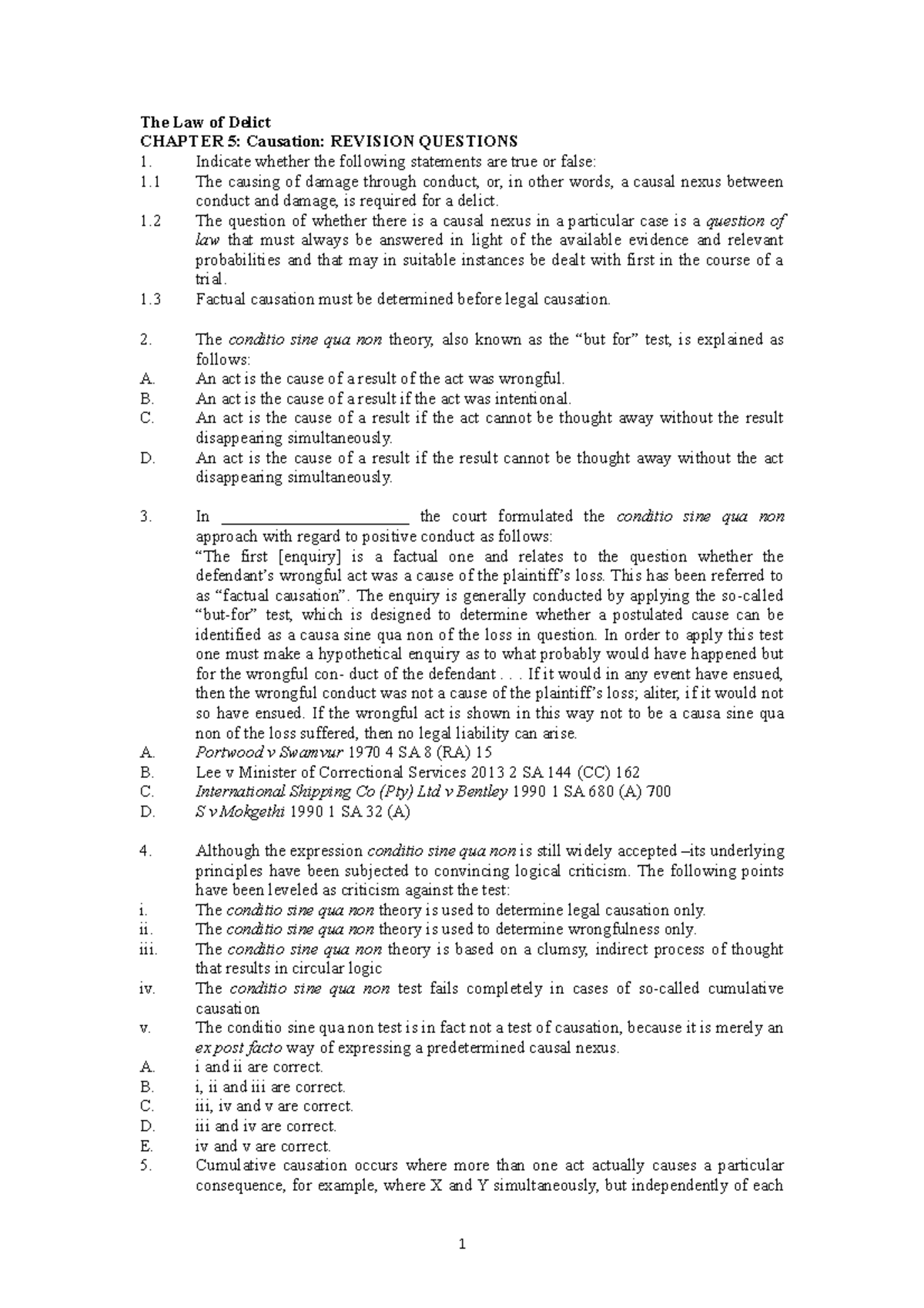 Lecture. Causation class preparation 14 - The Law of Delict CHAPTER 5 ...