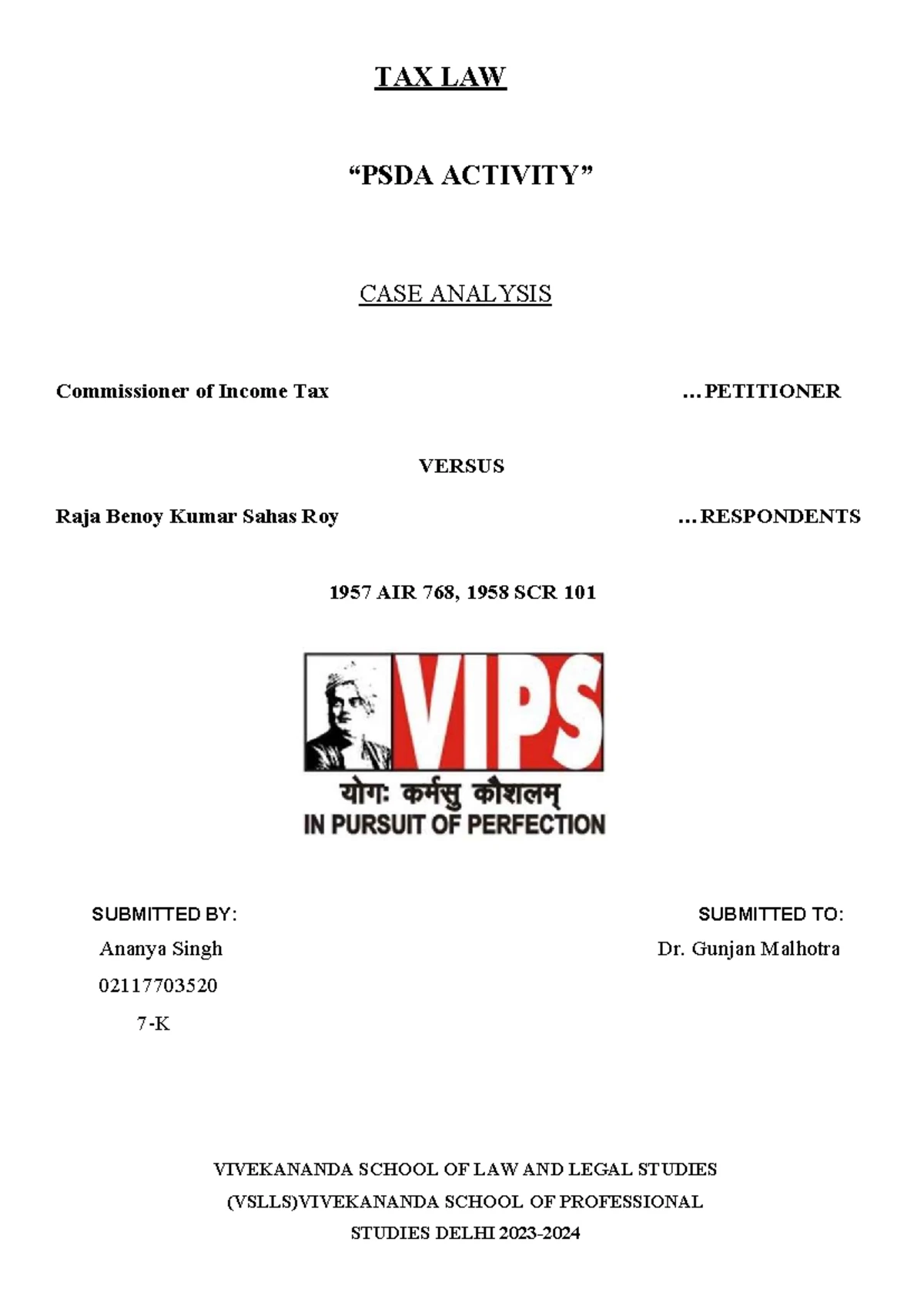 Tax Law PSDA - Tax law psda - VIVEKANANDA SCHOOL OF LAW AND LEGAL ...