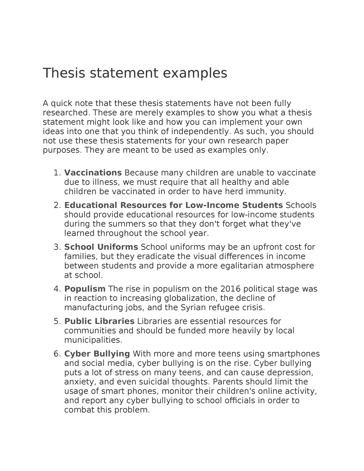 Thesis statement examples - These are merely examples to show you what ...