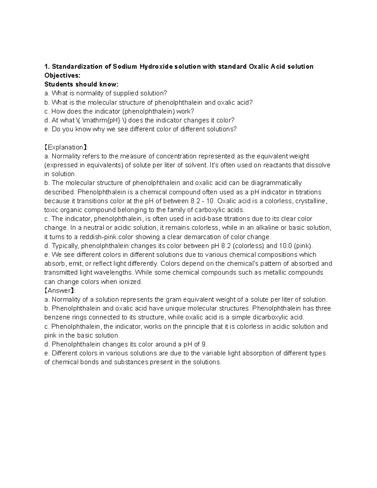 Chem lab questions - ............ - Standardization of Sodium Hydroxide ...