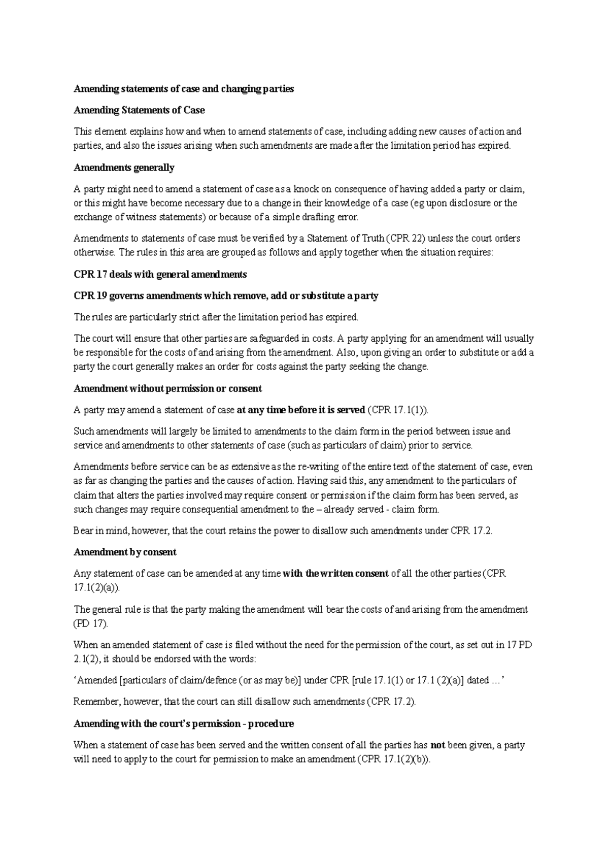 Amending statements of case and changing parties [CIV9gh] - Amending ...