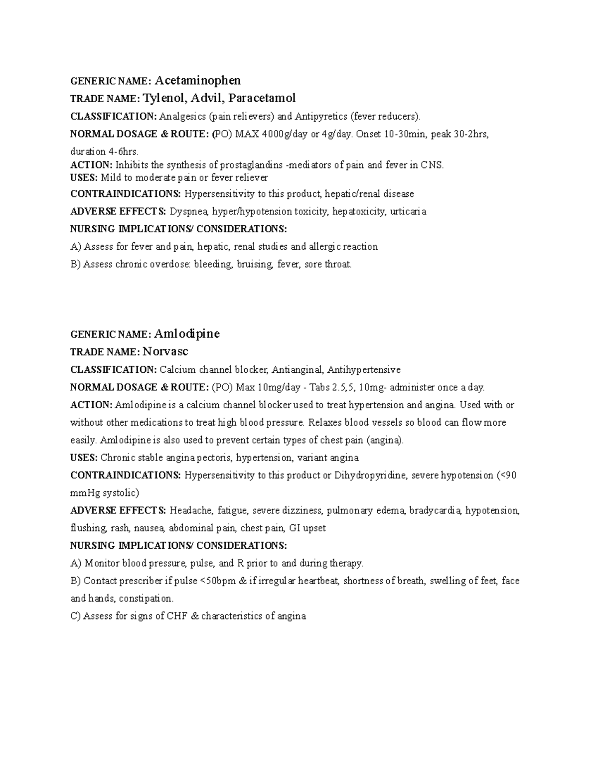 Drugcards gggg GENERIC NAME Acetaminophen TRADE NAME Tylenol, Advil, Paracetamol Studocu