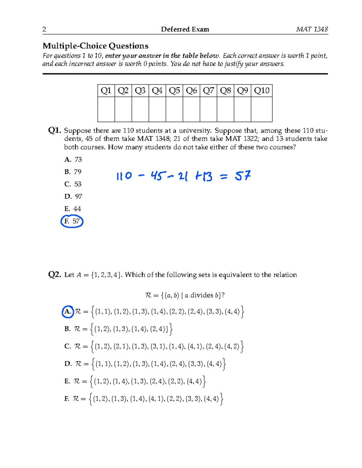 Practice Exam 1 - Solutions - 2 Deferred Exam MAT 1348 Multiple-Choice ...