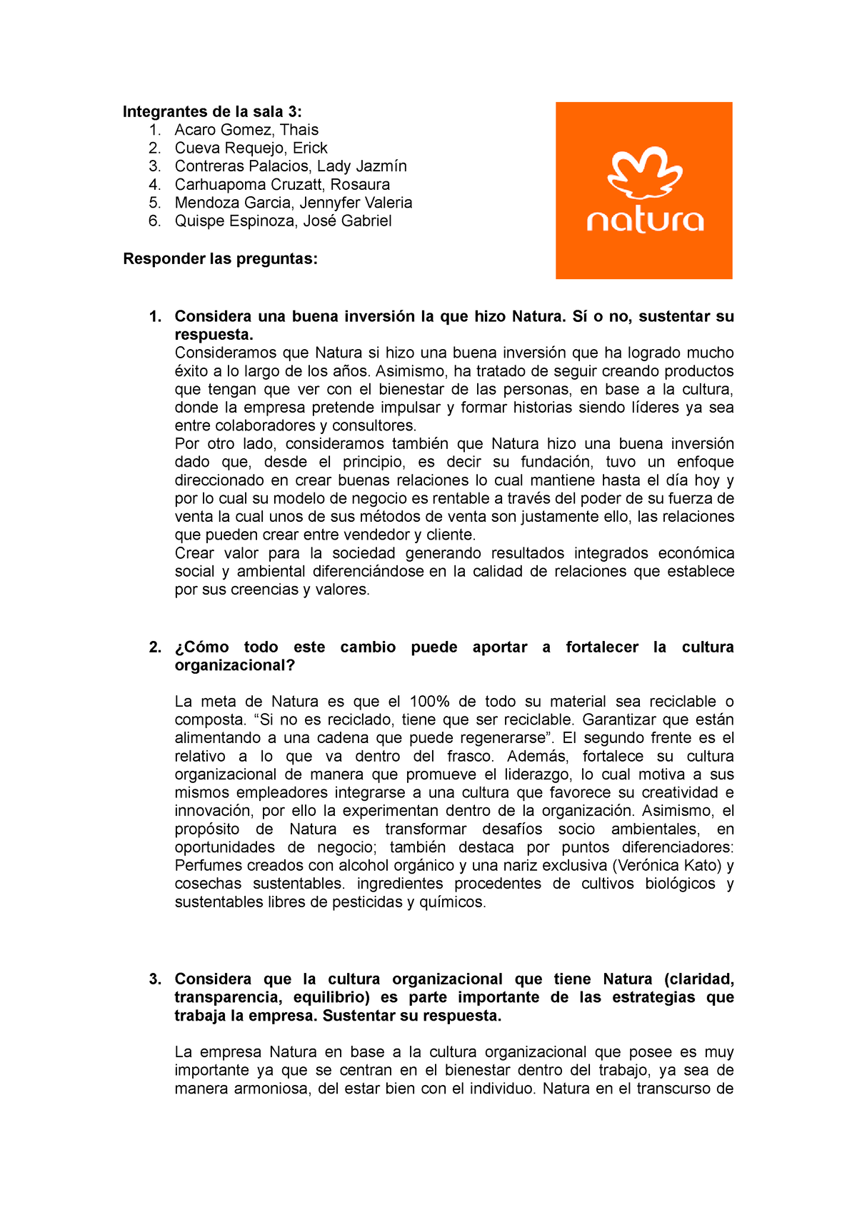 Caso Natura - Clima organizacional - Integrantes de la sala 3: 1. Acaro  Gomez, Thais 2. Cueva - Studocu