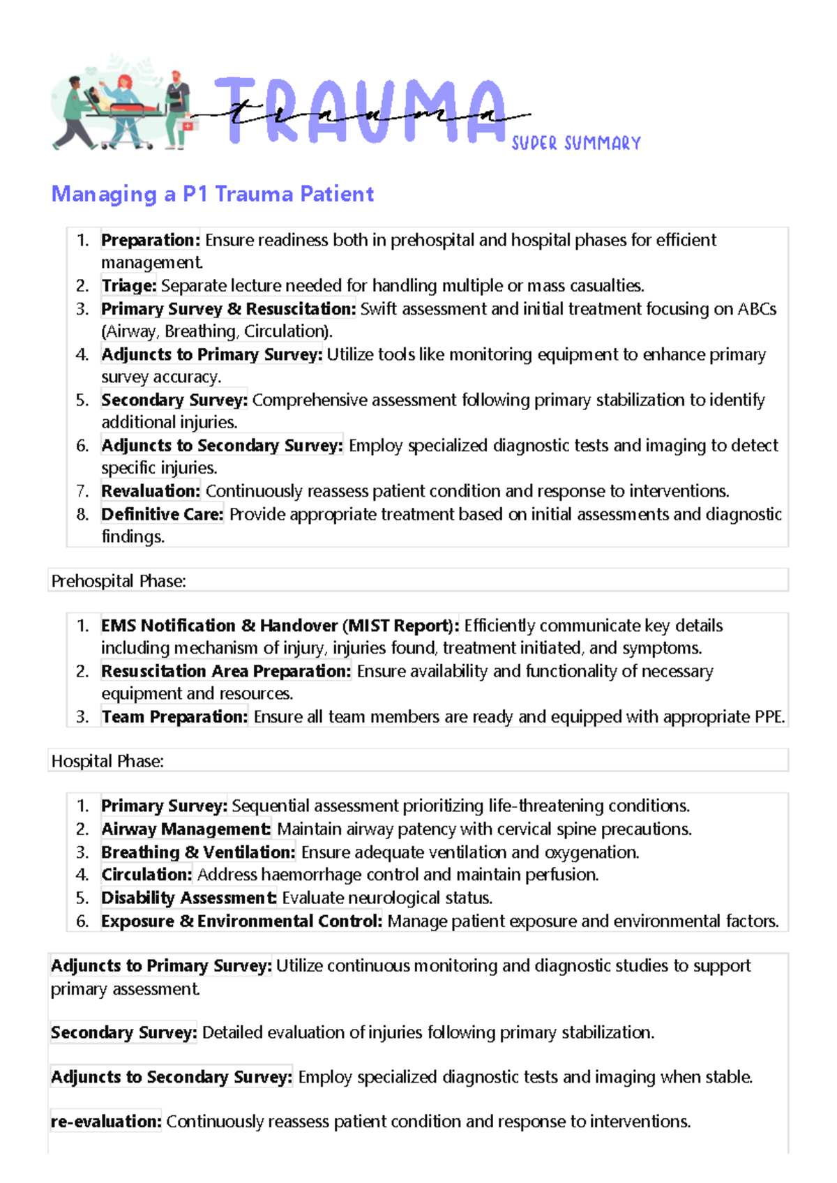 Trauma Super Summary - TRAUMA SUPER SUMMARY Managing a P1 Trauma ...