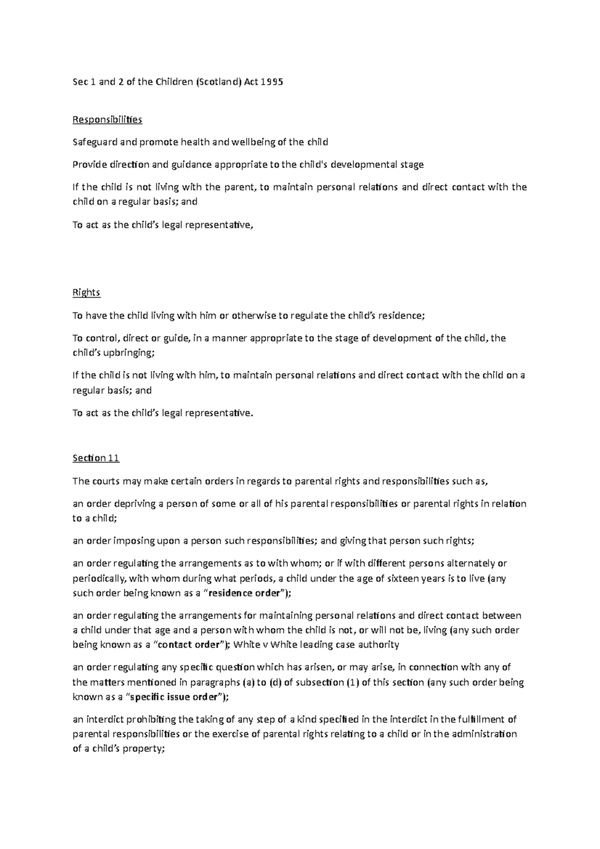 Parental rights and responsibilities Sec 1 and 2 of the Children