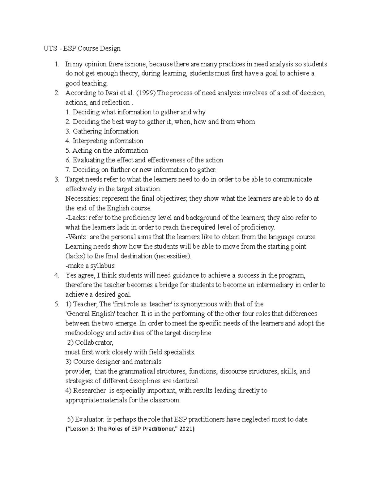 UTS ESP Course Design According to Iwai et al. (1999) The process