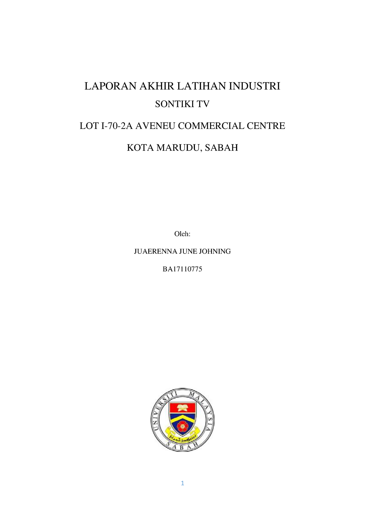 Laporan Akhir Latihan Industri 2020 Laporan Akhir Latihan Industri