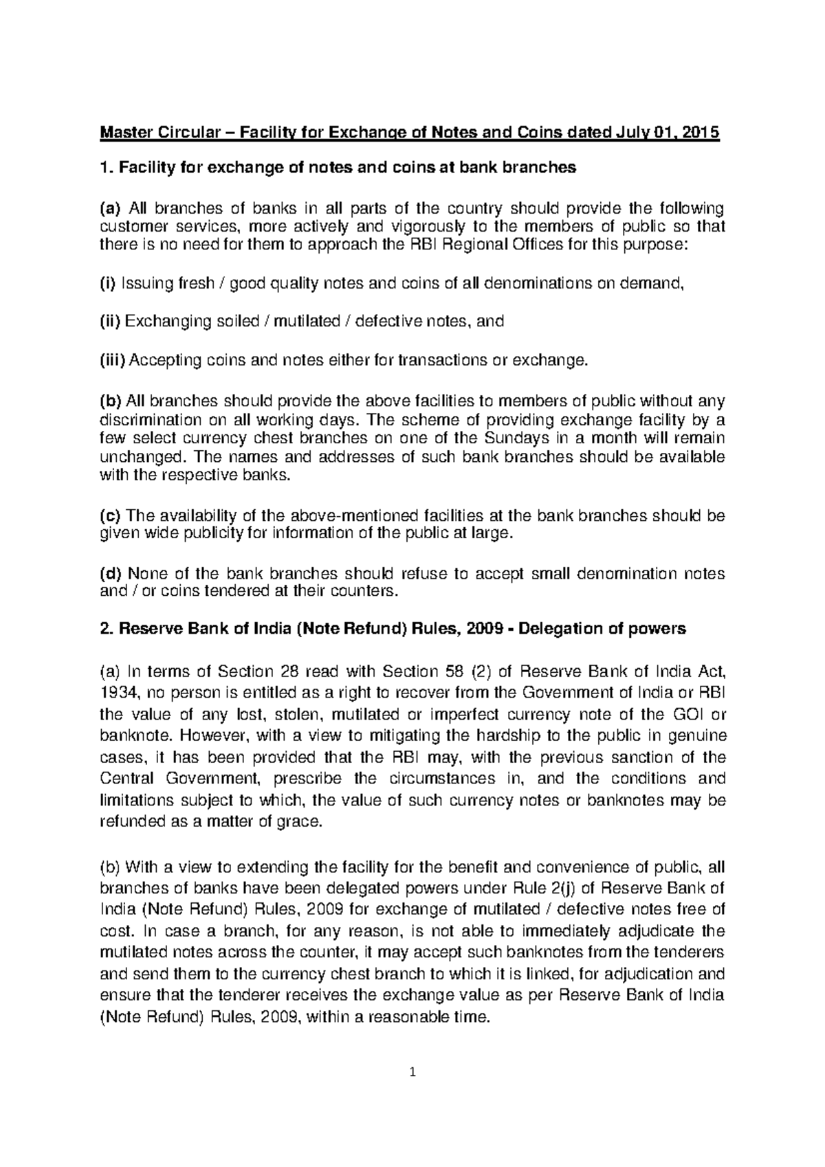Facilty OF Exchange OF Notes AND Coins - Master Circular – Facility for ...