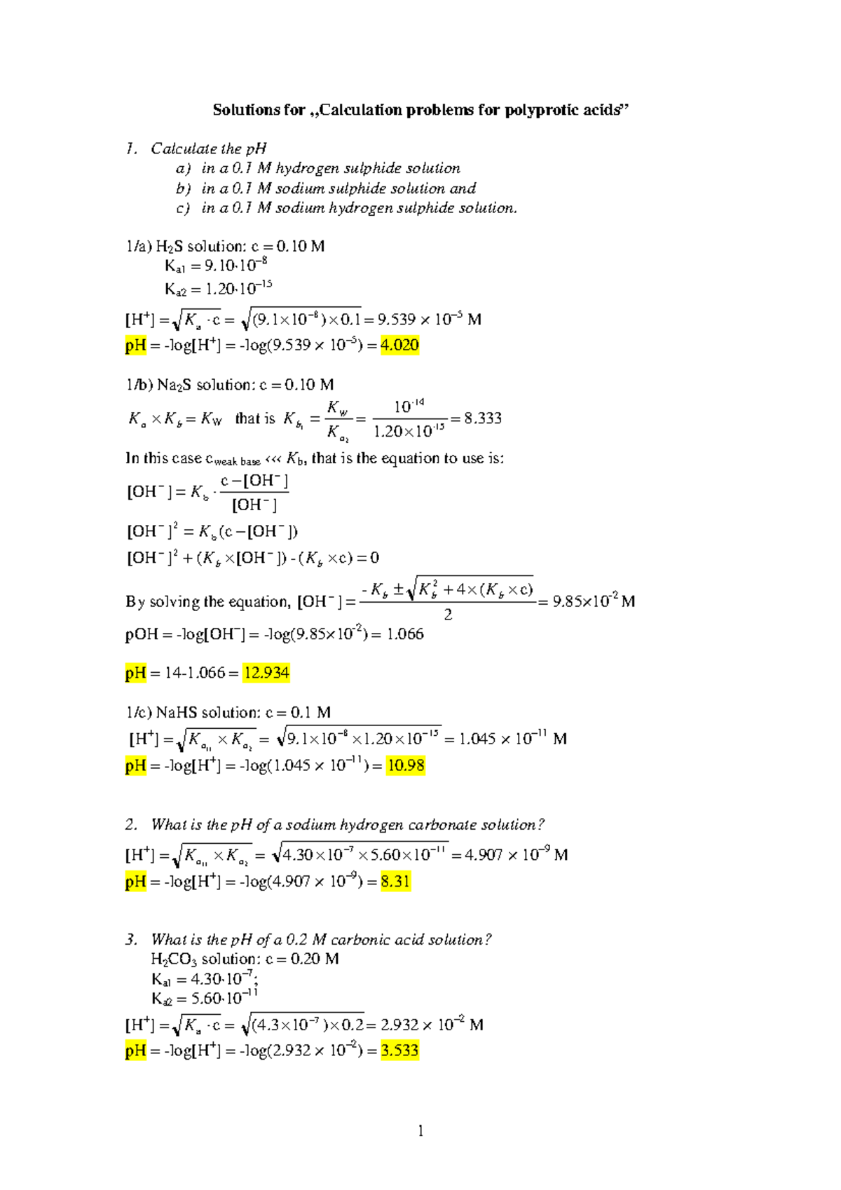 Solutions for polyprotic acids - Solutions for problems for polyprotic ...