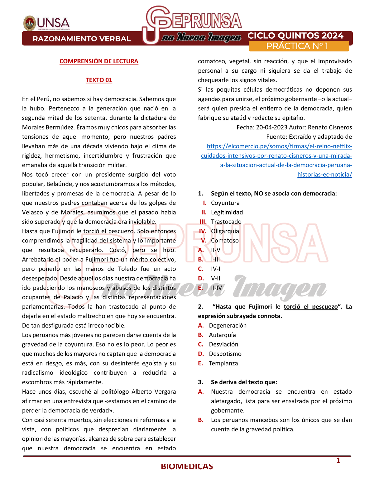 Practica 1-RAZ - EXAMEN - 1 PR¡CTICA N∞ 1 COMPRENSI”N DE LECTURA TEXTO ...