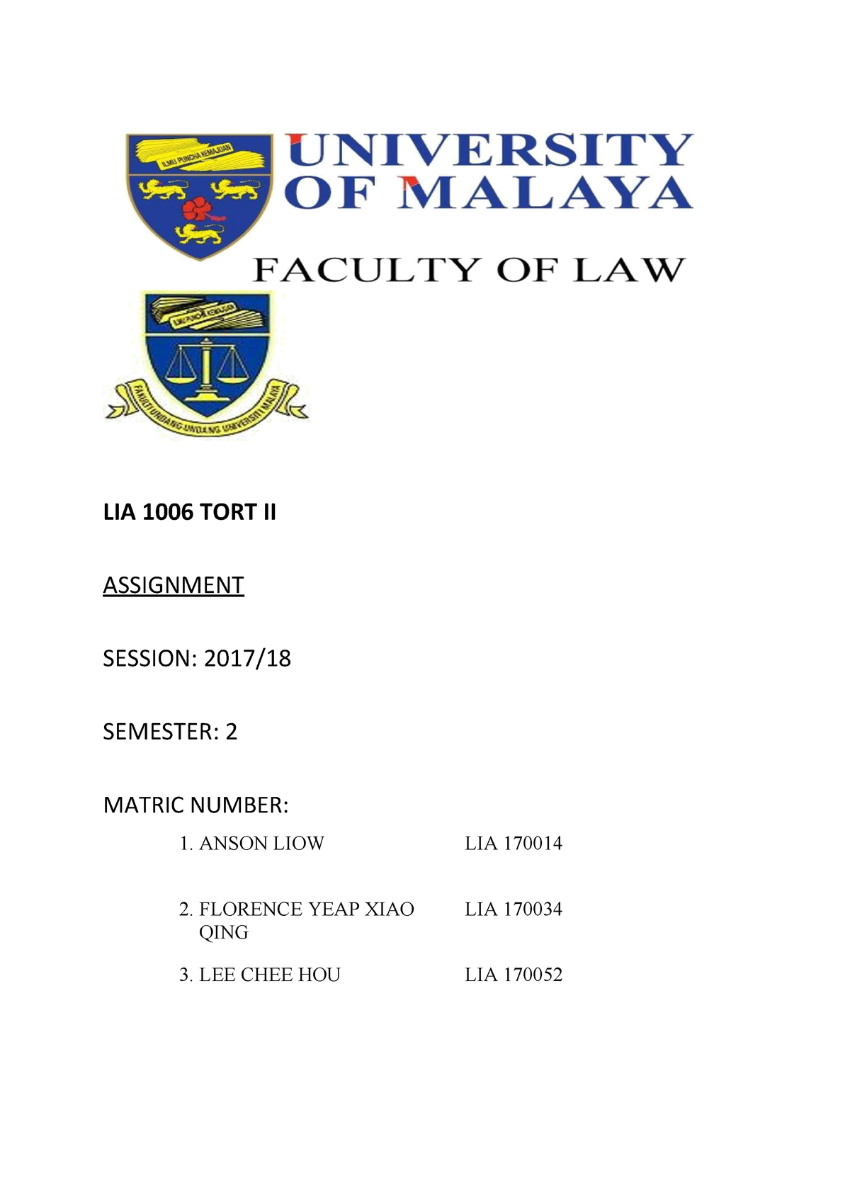 Tort Assignment - Tort II LIA 1006 - StuDocu