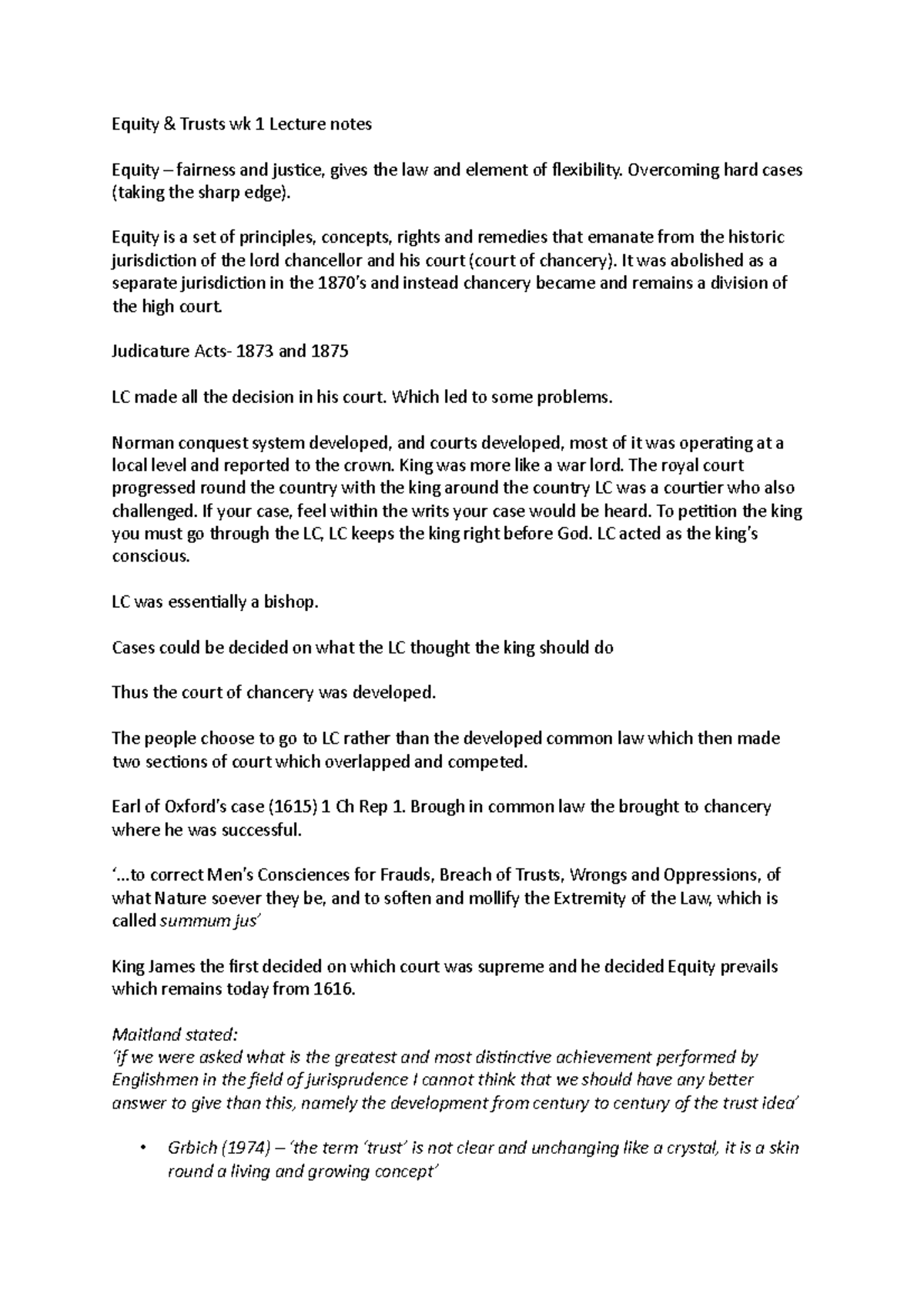 Equity & Trusts Lecture 1 notes - Equity & Trusts wk 1 Lecture notes ...