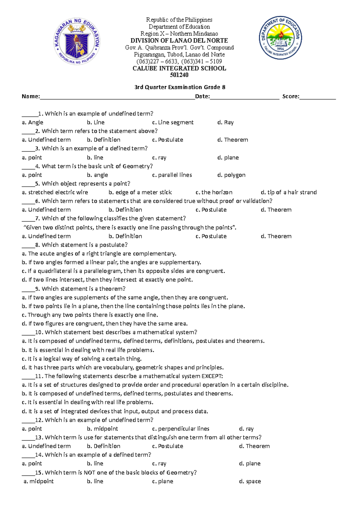 grade 8 quarter 3 exam answer key