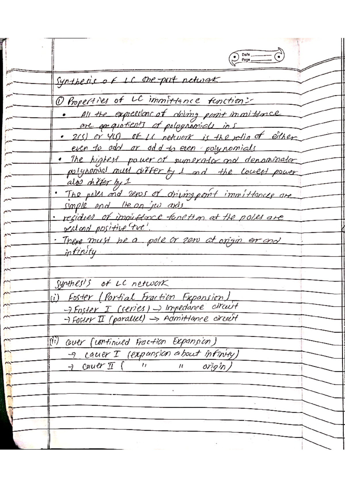 ONE PORT Network - notes - Date Page Synthesis of LC one port network 1 ...